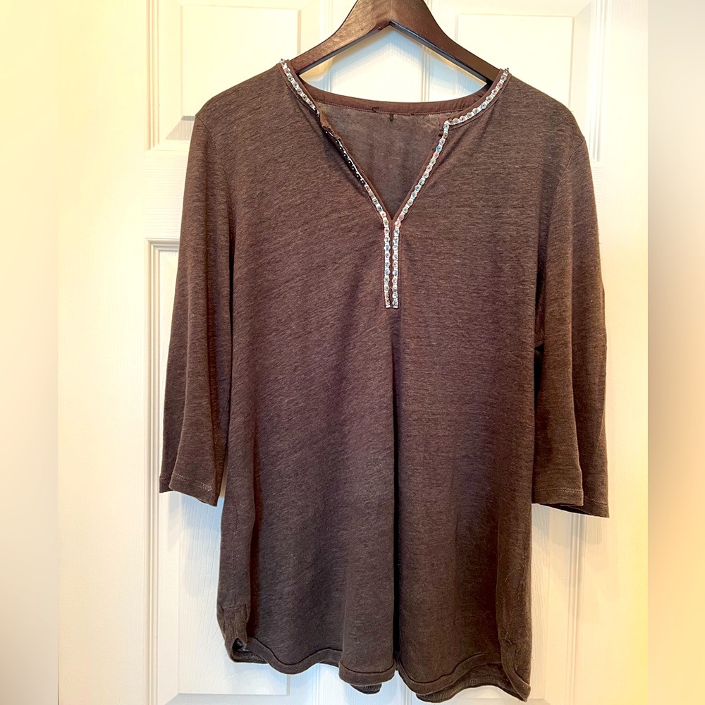 Olsen Brown Linen Tunic with Sequin Embellishment